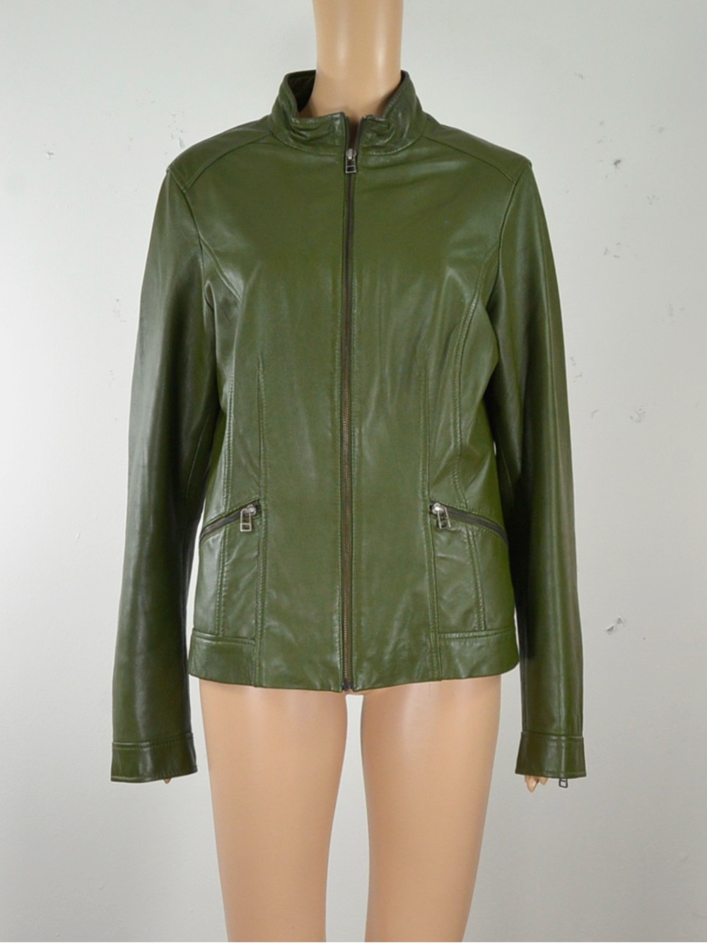 Vintage 00s Leather Jacket Olive Green Full Zip Mock Neck Minimalist